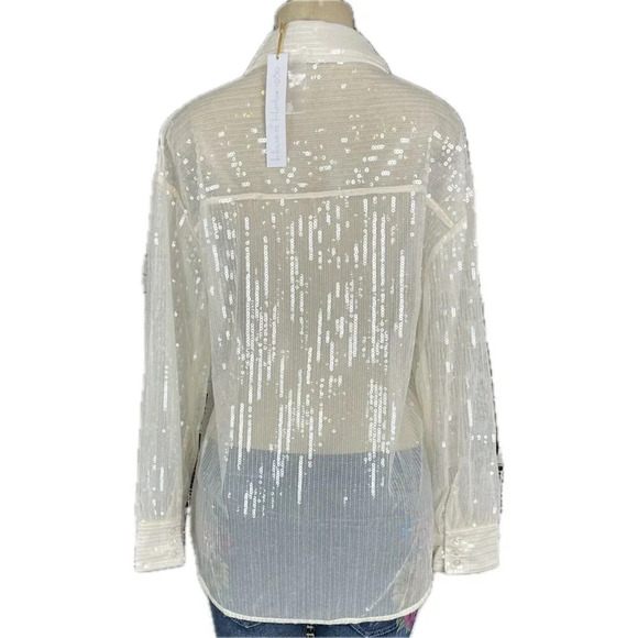 House Of Harlow 1960 M Cream Sheer Mesh Sequin Button Collar Long Sleeve Blouse - Picture 4 of 6